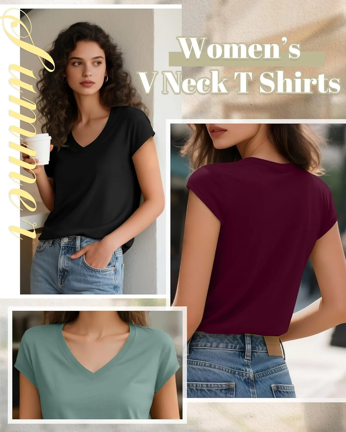 4 Pack Womens Cap Sleeve T Shirts, Cotton V Neck Shirts Casual Loose Fit Tank Tops Summer Basic Solid Color Tee