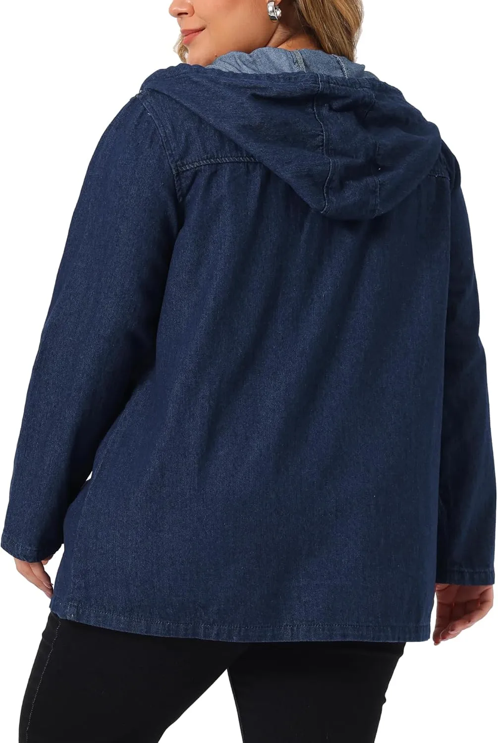 Agnes Orinda Plus Size Denim Jackets with Hood for Women Layered Drawstring Utility Pockets Jean Jacket