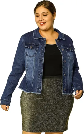 Agnes Orinda Women's Plus Size Classic Washed Front Frayed Denim Jacket