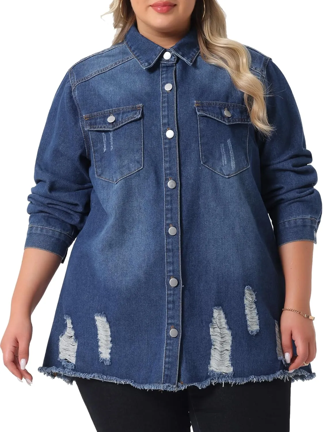 Agnes Orinda Women's Plus Size Denim Jackets Casual Long Sleeve Denim Shirts Distresse Jean Jacket