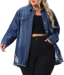 Agnes Orinda Women's Plus Size Denim Jackets Casual Long Sleeve Denim Shirts Distresse Jean Jacket