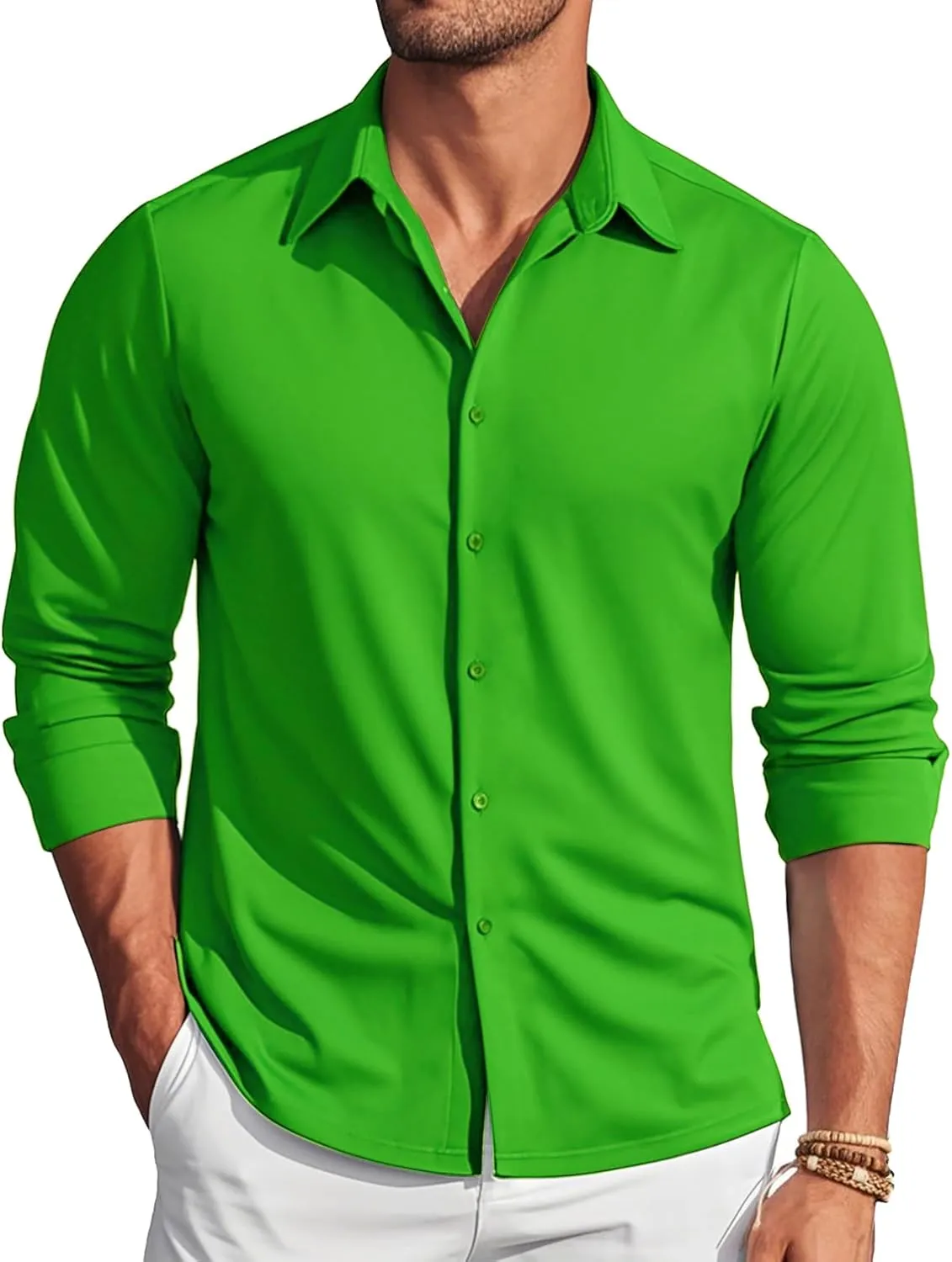 Barry.Wang Mens Stretch Dress Shirts Solid Long Sleeve Button Down Shirts Formal Casual Business Prom Party Wedding