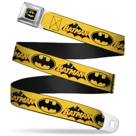 Batman Full Color Black Yellow Seatbelt Belt - Vintage Batman Logo & Bat Signal-3 Yellow Webbing by Buckle-Down