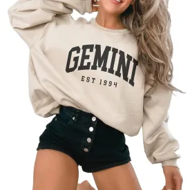 Custom Year Gemini Birthday Sweatshirt - Zodiac Star Sign Astrology Sweater For Women - Vintage Varsity Aesthetic Style - Unisex Graphic Crewneck Sweatshirt