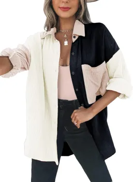 Dokotoo Womens Color Block Button Down Shirts Long Sleeve Oversized Boyfriend Blouses Tops