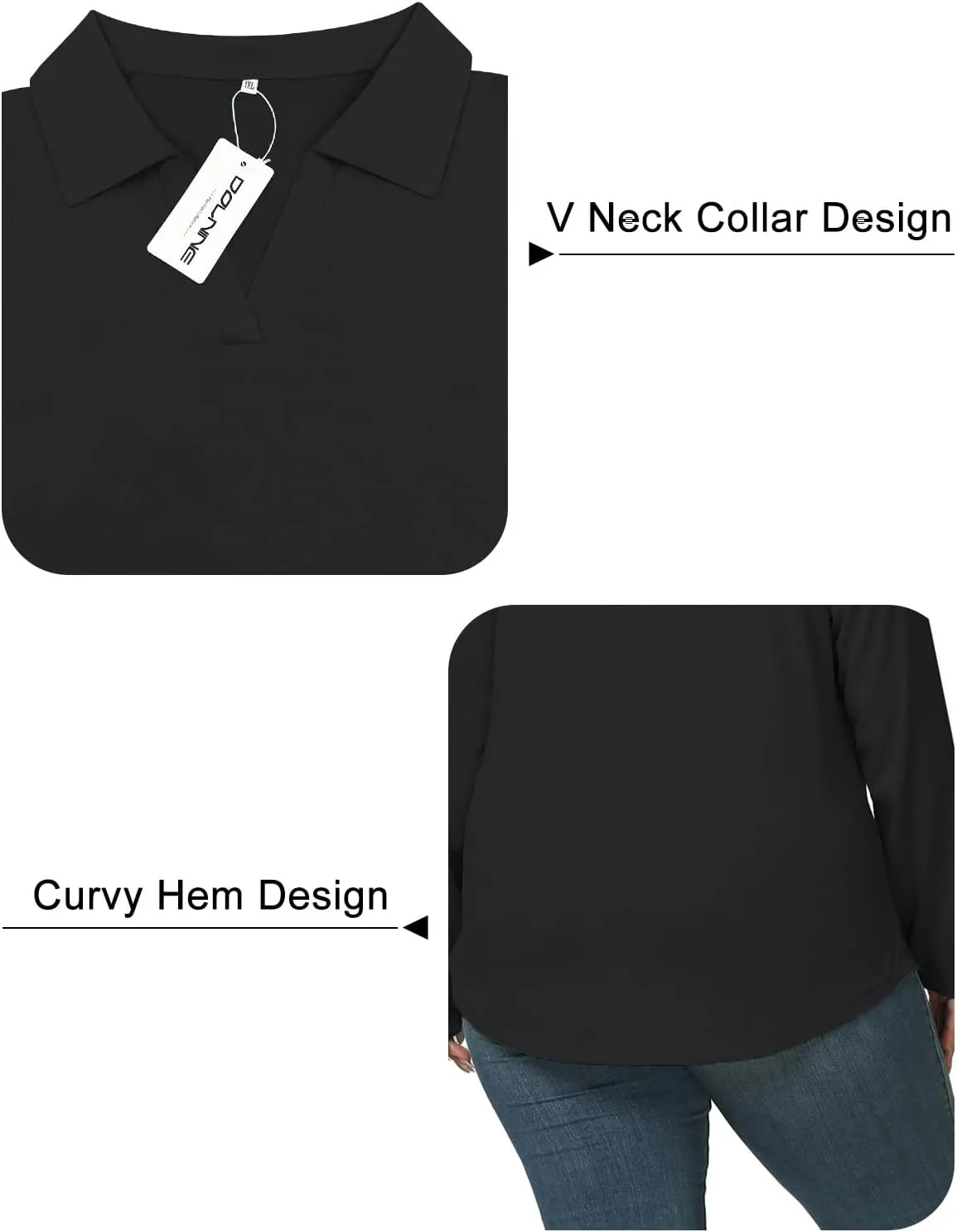 DOLNINE Womens Plus-Size-Polo-Shirts Classic V Neck Casual Solid Color Long Sleeve Collared Loose Tunic Tops XL-5XL