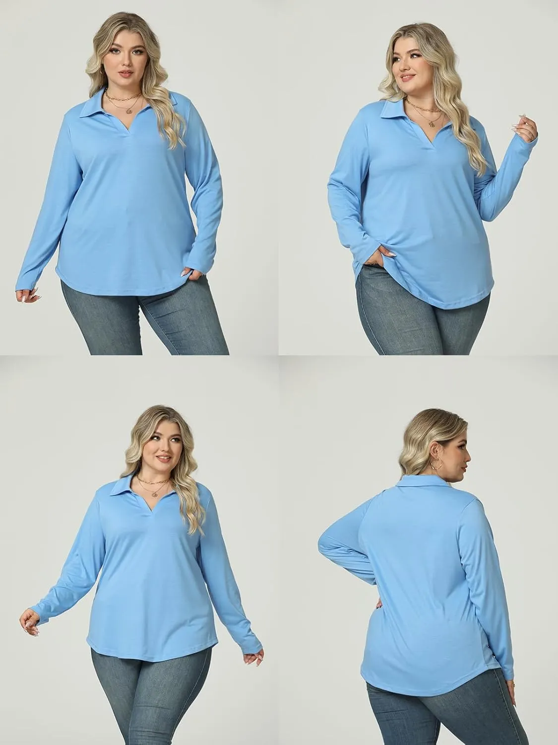DOLNINE Womens Plus-Size-Polo-Shirts Classic V Neck Casual Solid Color Long Sleeve Collared Loose Tunic Tops XL-5XL