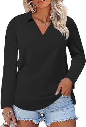 DOLNINE Womens Plus-Size-Polo-Shirts Classic V Neck Casual Solid Color Long Sleeve Collared Loose Tunic Tops XL-5XL