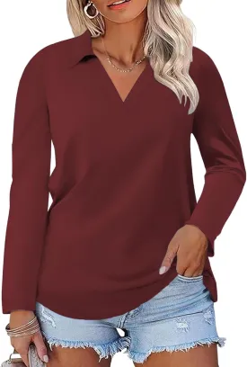 DOLNINE Womens Plus-Size-Polo-Shirts Classic V Neck Casual Solid Color Long Sleeve Collared Loose Tunic Tops XL-5XL