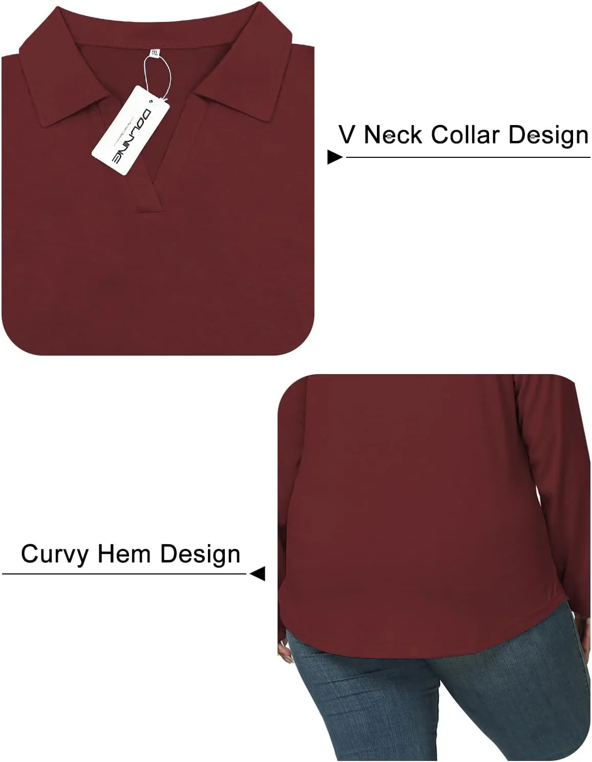 DOLNINE Womens Plus-Size-Polo-Shirts Classic V Neck Casual Solid Color Long Sleeve Collared Loose Tunic Tops XL-5XL