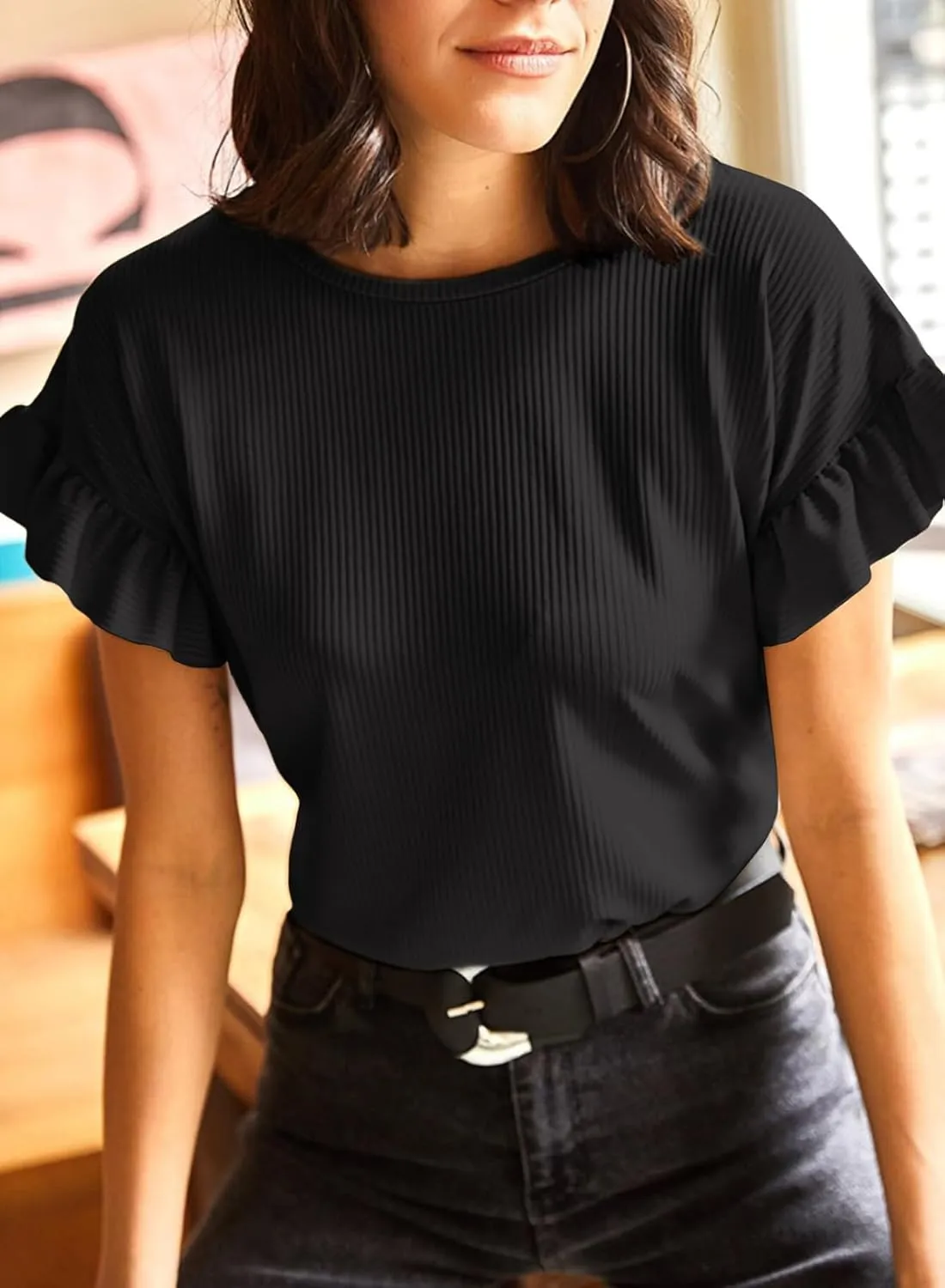 EVALESS Womens Summer Casual Short Sleeve Tops Ruffle Basic T Shirts Round Neck Solid Knit Loose Fit Tee Blouses