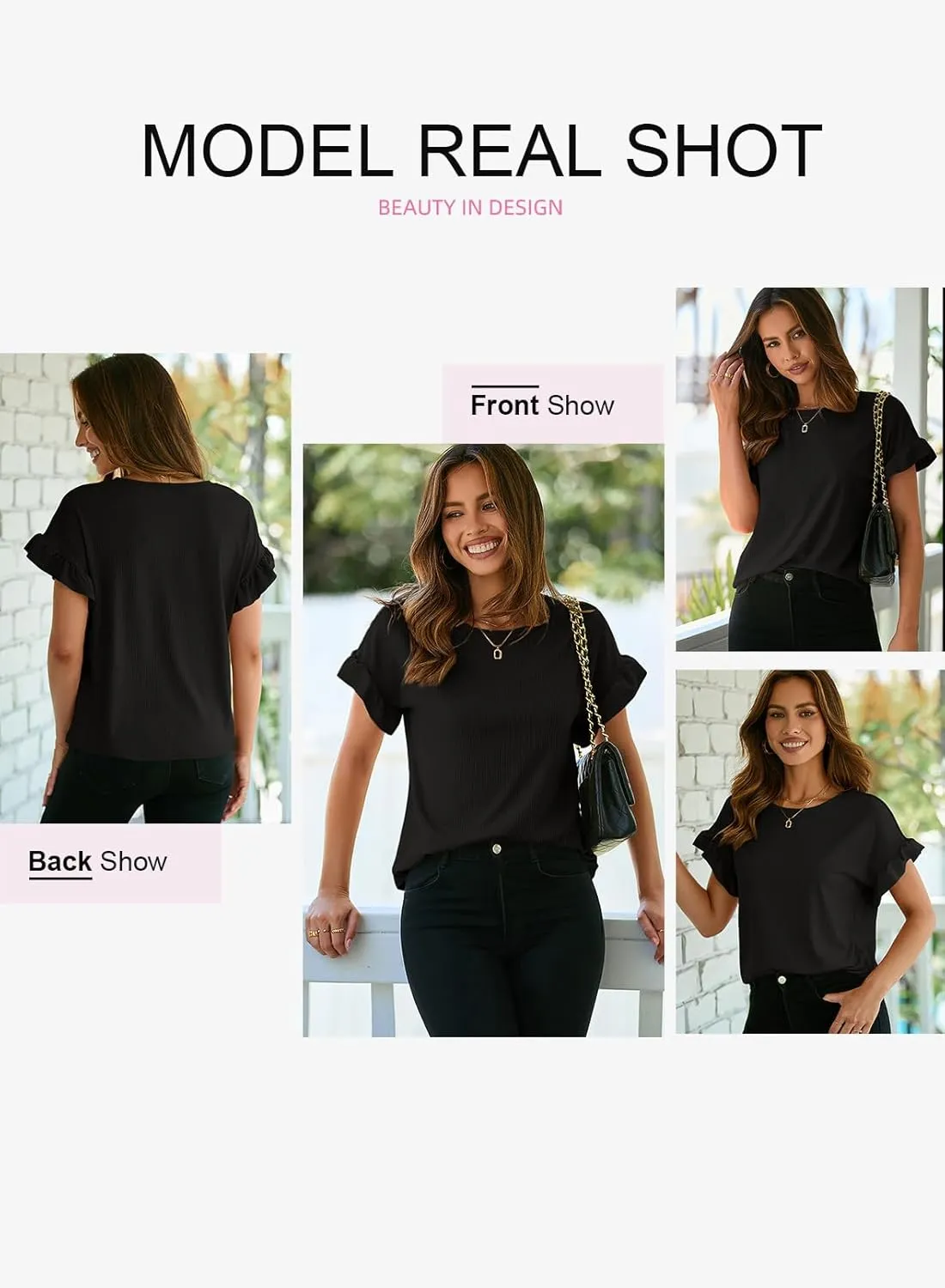 EVALESS Womens Summer Casual Short Sleeve Tops Ruffle Basic T Shirts Round Neck Solid Knit Loose Fit Tee Blouses