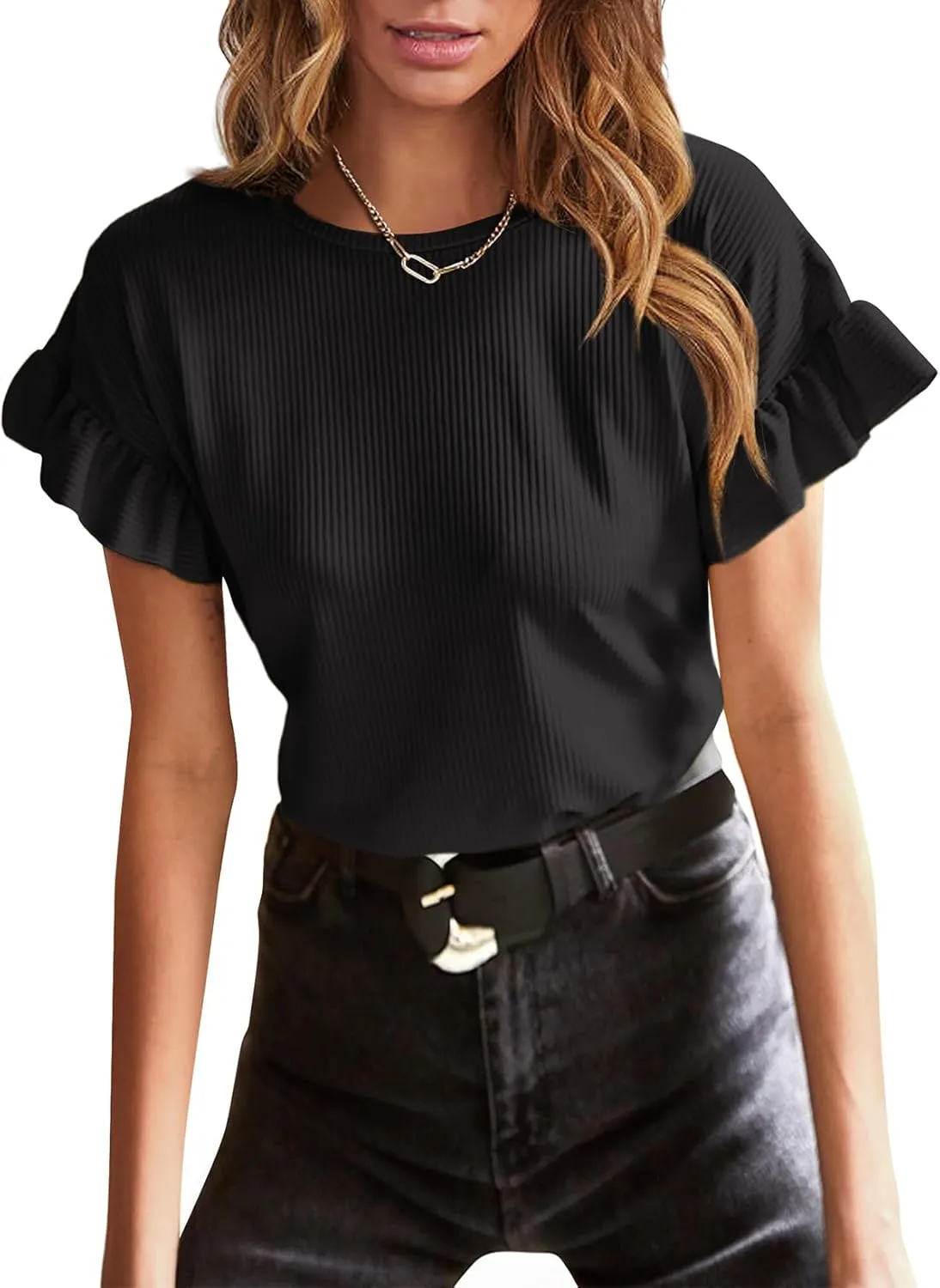 EVALESS Womens Summer Casual Short Sleeve Tops Ruffle Basic T Shirts Round Neck Solid Knit Loose Fit Tee Blouses