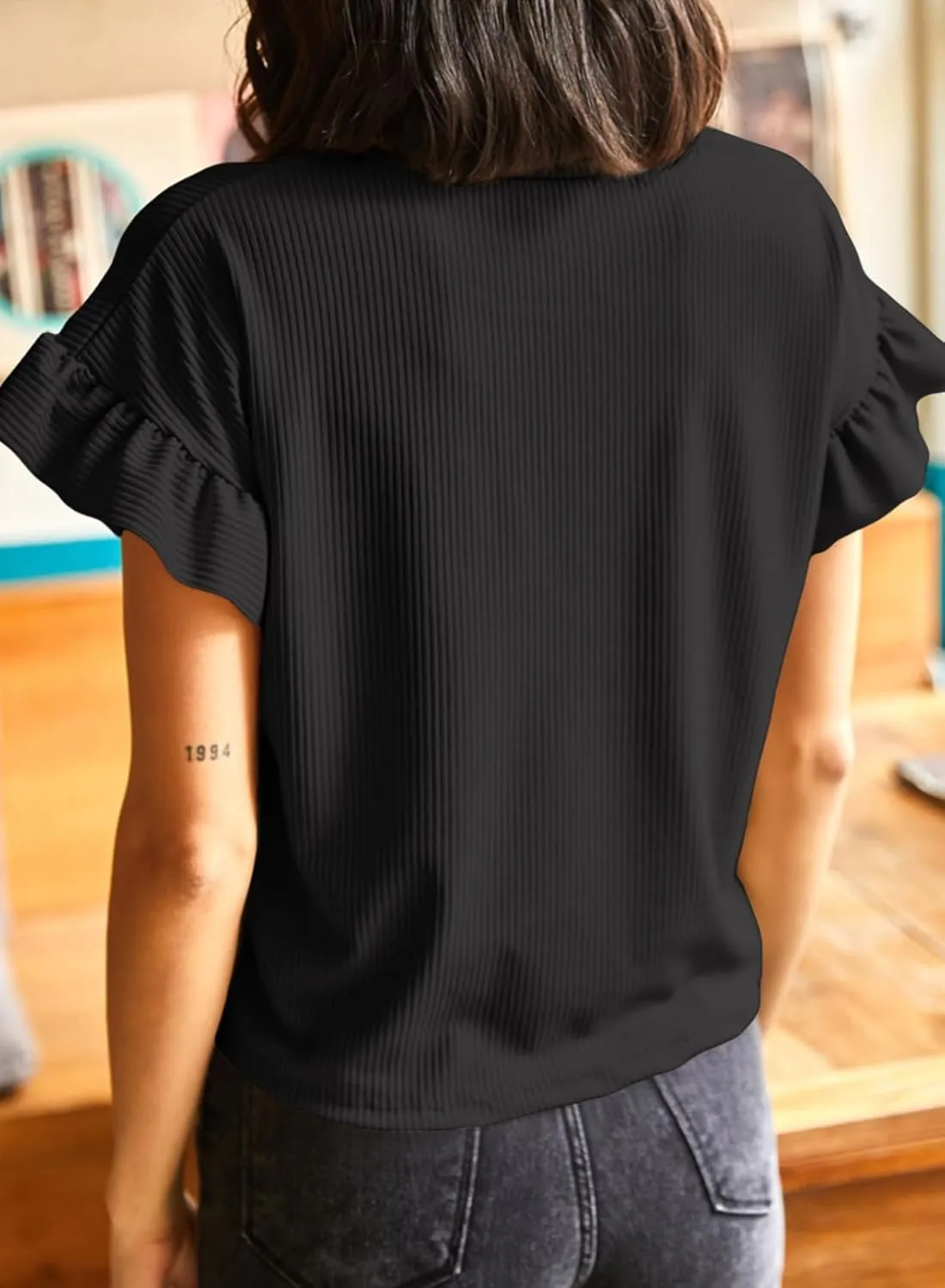 EVALESS Womens Summer Casual Short Sleeve Tops Ruffle Basic T Shirts Round Neck Solid Knit Loose Fit Tee Blouses
