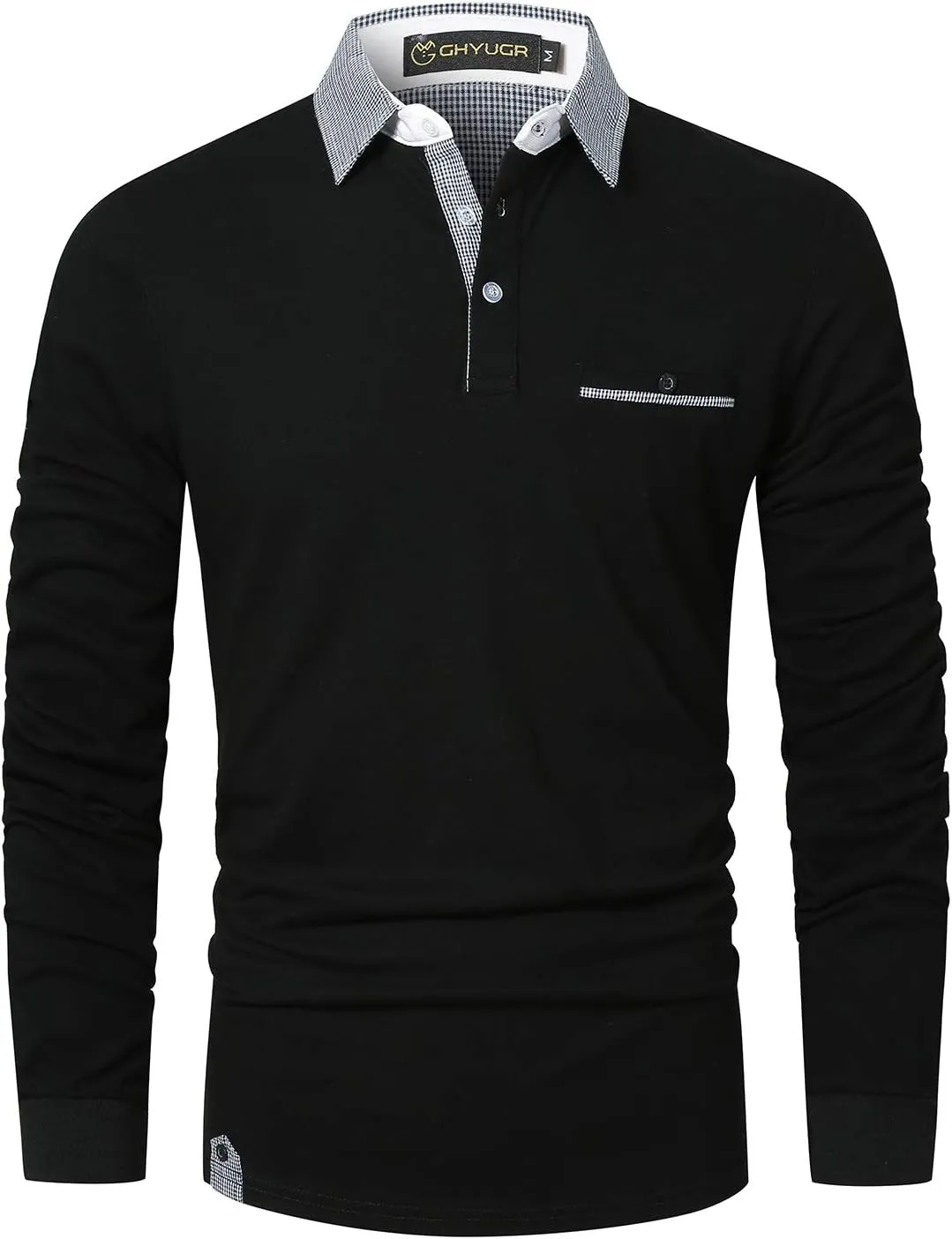GHYUGR Men's Classic Plaid Splicing Long Sleeve Golf Polo Real Pocket Business Casual T-Shirt