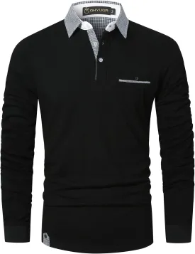 GHYUGR Men's Classic Plaid Splicing Long Sleeve Golf Polo Real Pocket Business Casual T-Shirt