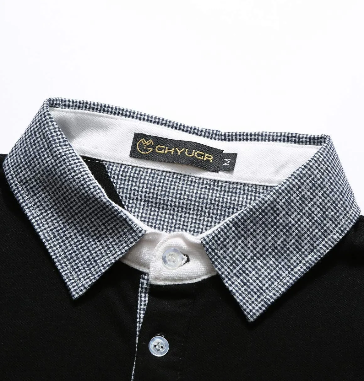 GHYUGR Men's Classic Plaid Splicing Long Sleeve Golf Polo Real Pocket Business Casual T-Shirt