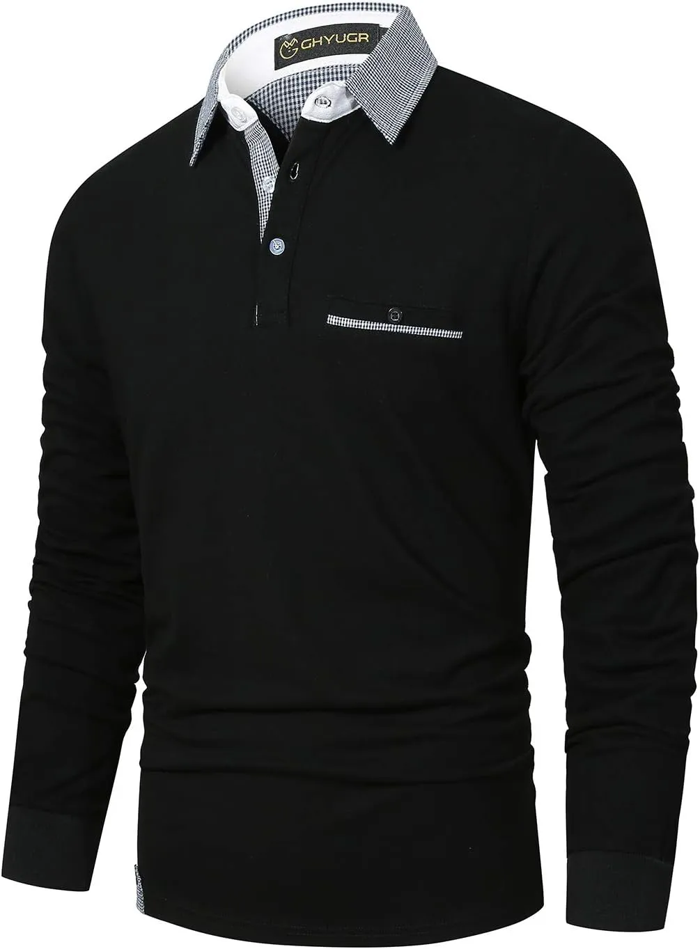 GHYUGR Men's Classic Plaid Splicing Long Sleeve Golf Polo Real Pocket Business Casual T-Shirt