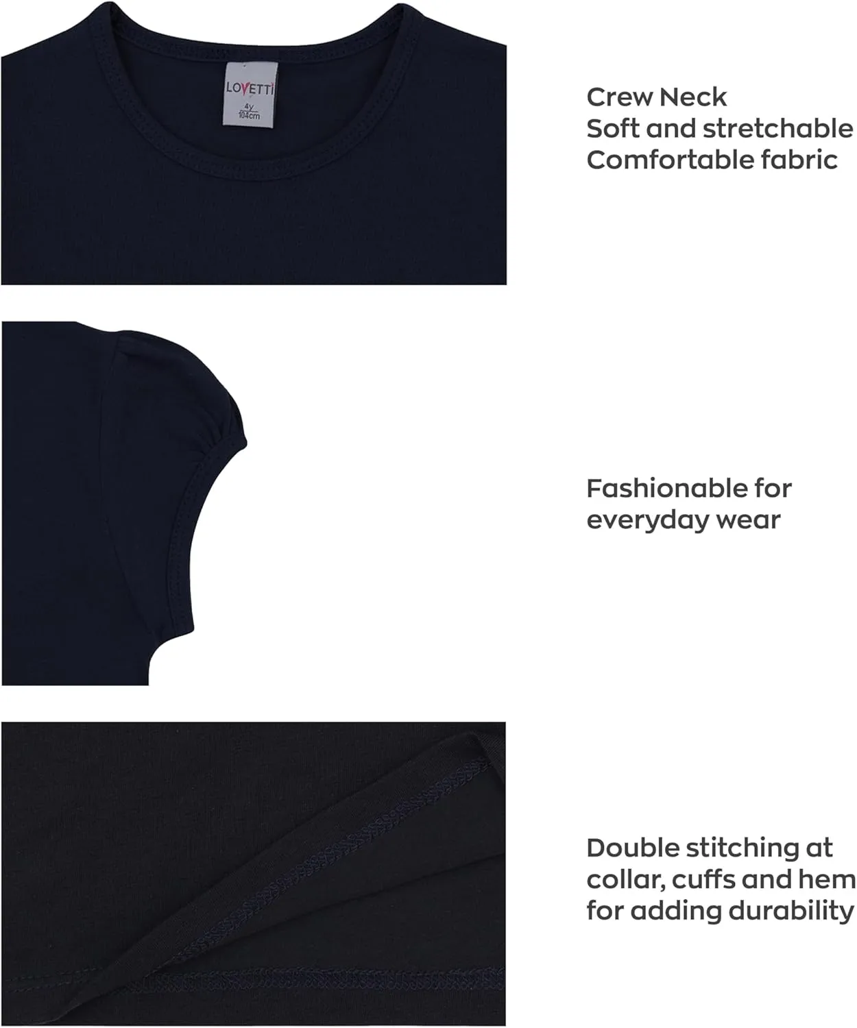 Girls Basic Short Puff Sleeve Round Neck T-Shirt, Turkish Cotton Round Neck Tee Tops