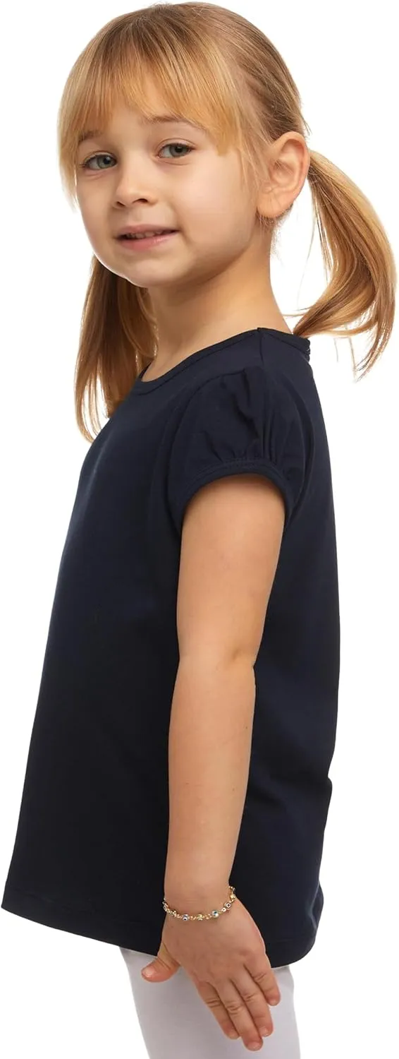 Girls Basic Short Puff Sleeve Round Neck T-Shirt, Turkish Cotton Round Neck Tee Tops