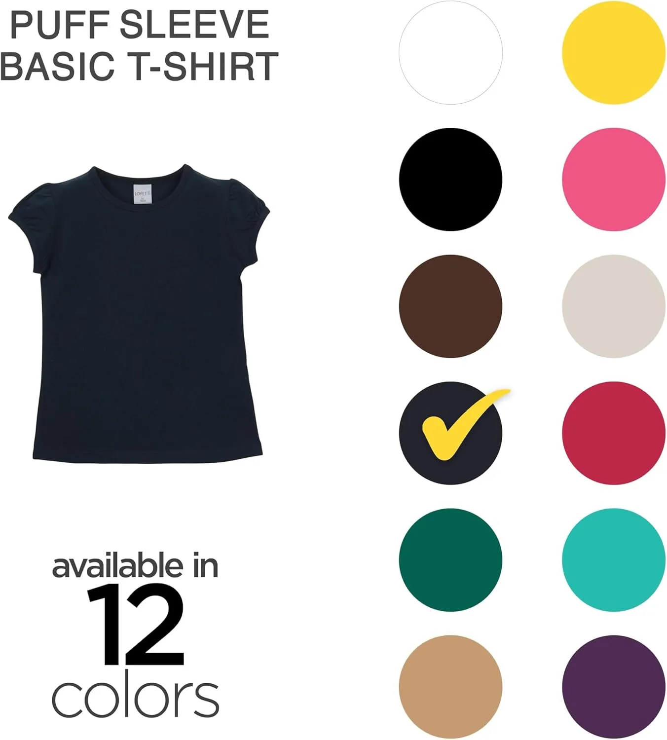 Girls Basic Short Puff Sleeve Round Neck T-Shirt, Turkish Cotton Round Neck Tee Tops