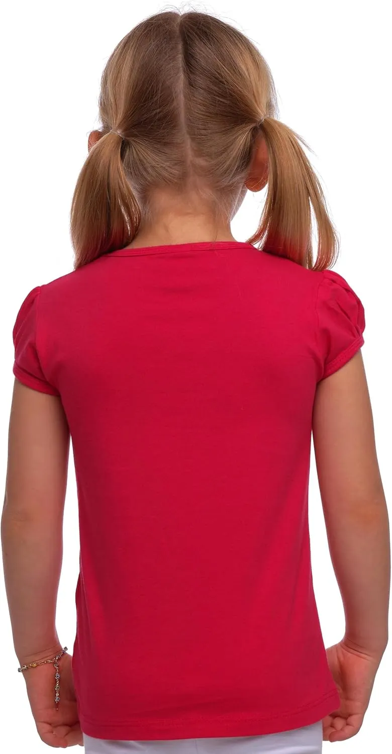 Girls Basic Short Puff Sleeve Round Neck T-Shirt, Turkish Cotton Round Neck Tee Tops