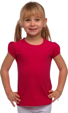 Girls Basic Short Puff Sleeve Round Neck T-Shirt, Turkish Cotton Round Neck Tee Tops