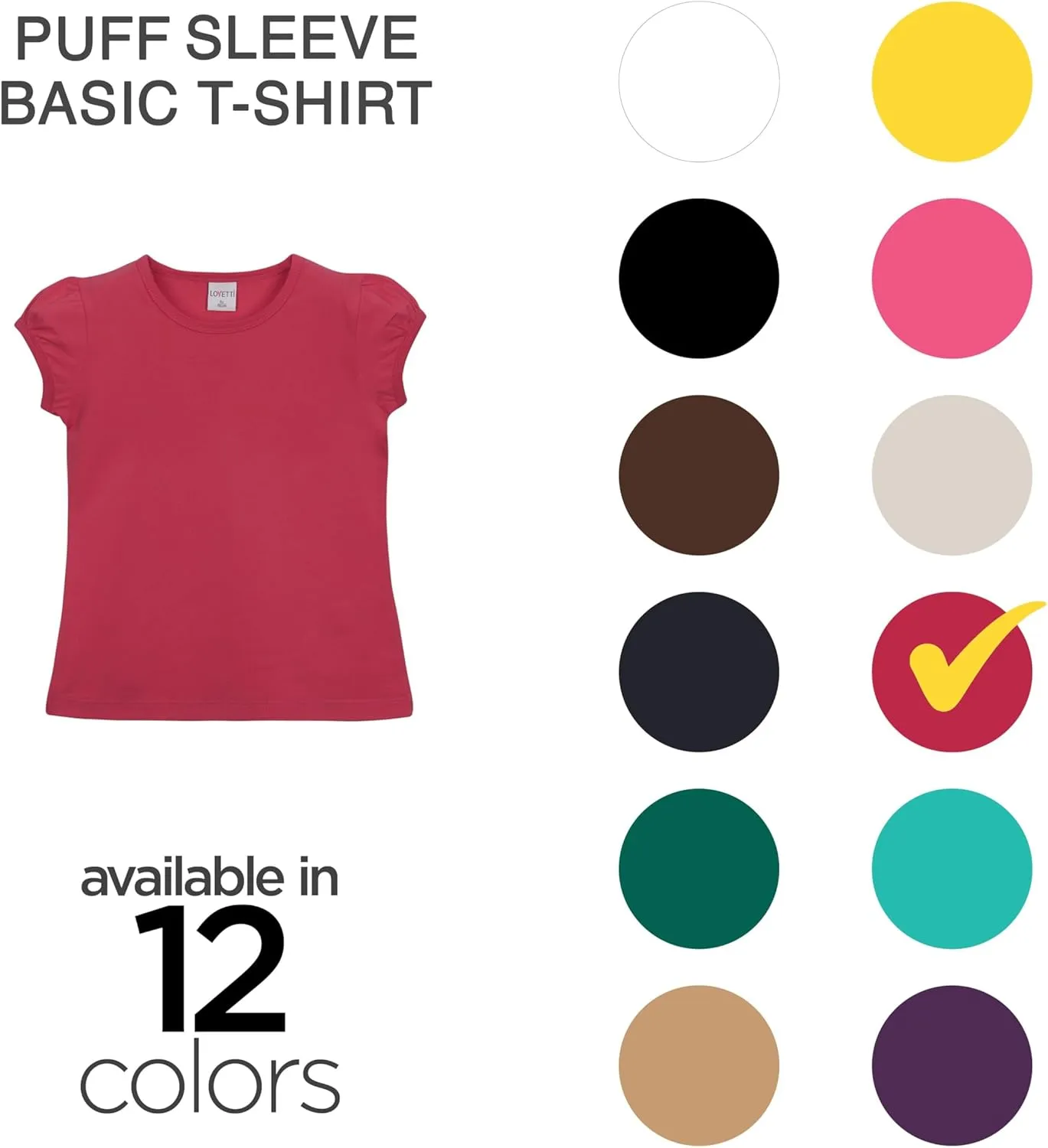 Girls Basic Short Puff Sleeve Round Neck T-Shirt, Turkish Cotton Round Neck Tee Tops