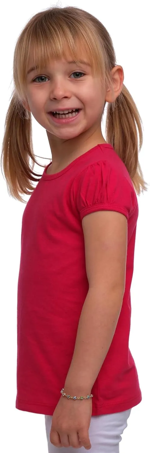 Girls Basic Short Puff Sleeve Round Neck T-Shirt, Turkish Cotton Round Neck Tee Tops
