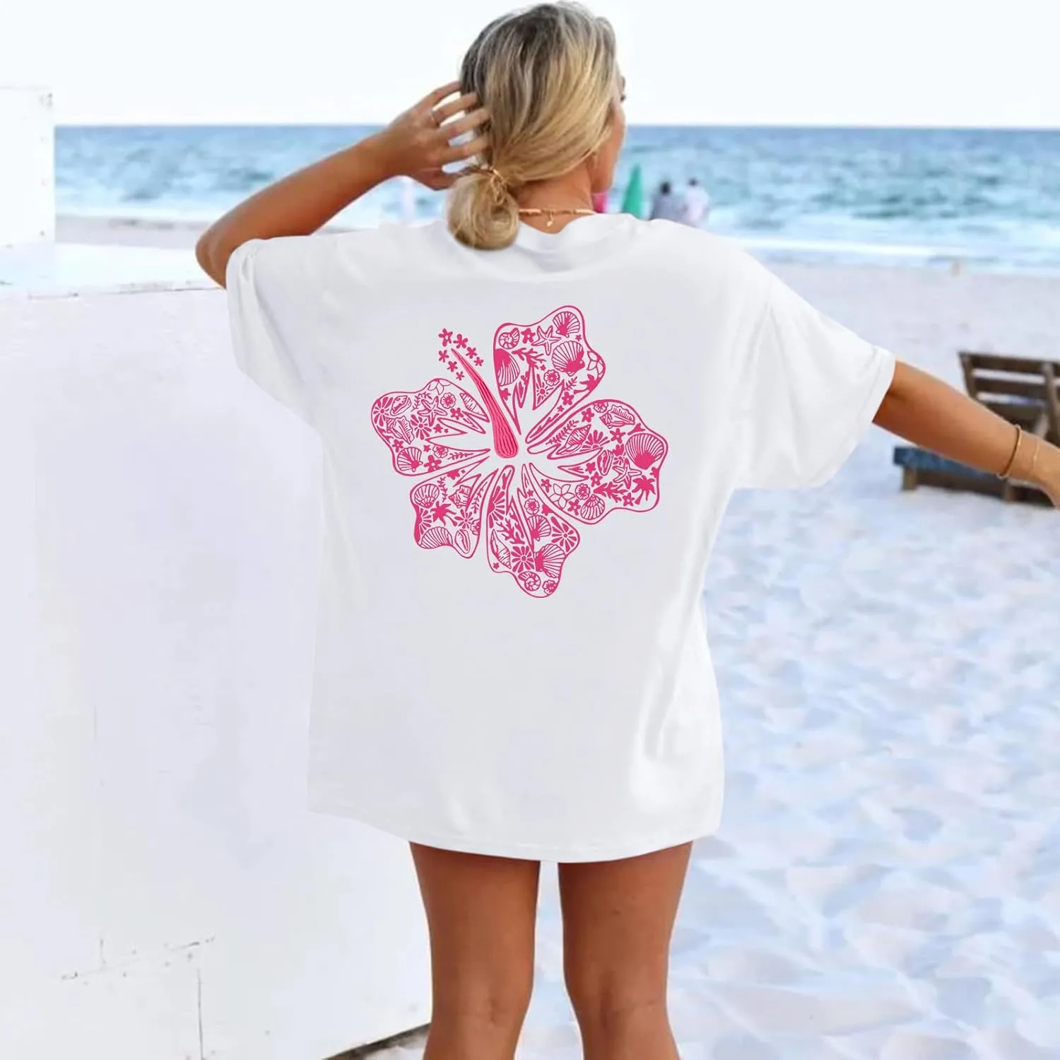 Hawaiian T Shirts for Women Oversized Aesthetic Hibiscus Flower Beach Shirt Teens Preppy Tropical Graphic Tee Tops