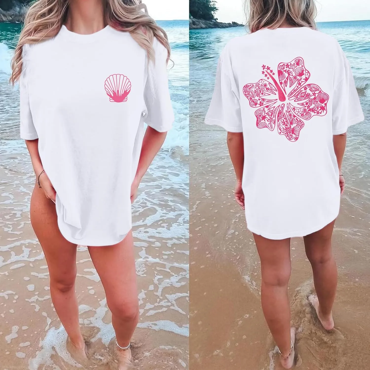 Hawaiian T Shirts for Women Oversized Aesthetic Hibiscus Flower Beach Shirt Teens Preppy Tropical Graphic Tee Tops