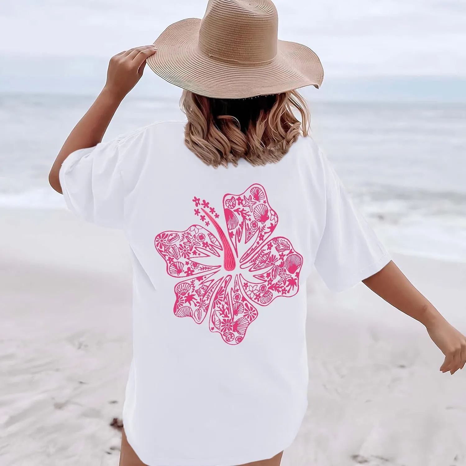 Hawaiian T Shirts for Women Oversized Aesthetic Hibiscus Flower Beach Shirt Teens Preppy Tropical Graphic Tee Tops