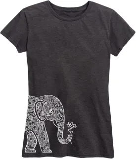 Instant Message - Left Side Elephant Holding Lotus - Women's Short Sleeve Graphic T-Shirt