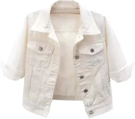 Jean Jacket Women 3/4 Sleeve Colored Cropped Denim Jacket Trendy Light Wash Short Jean Jacket Trucker Coat