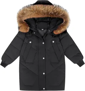 Kids Winter Coat Boys Girls Warm Down Puffer Jacket with Furry Hood Parka Padded Jacket Windproof Outerwear