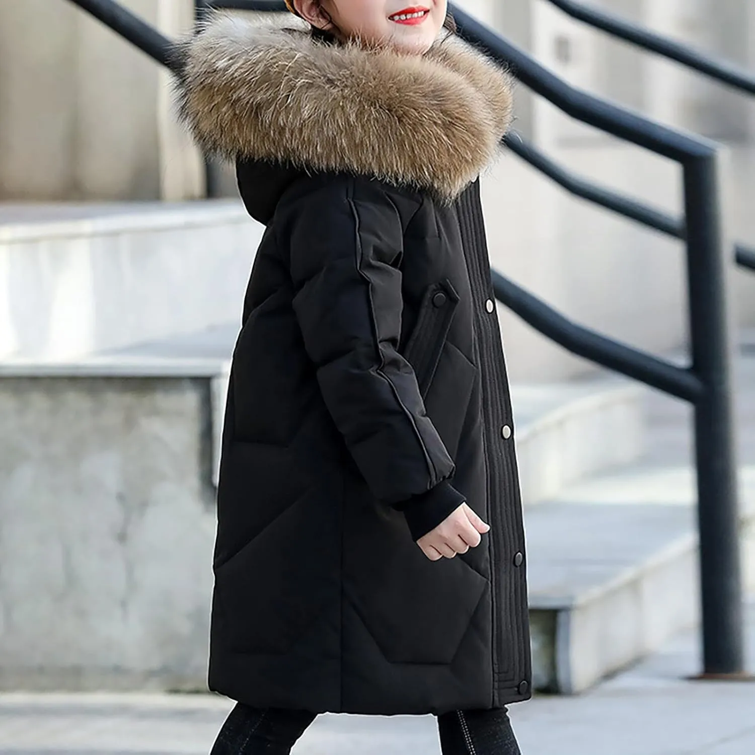 Kids Winter Coat Boys Girls Warm Down Puffer Jacket with Furry Hood Parka Padded Jacket Windproof Outerwear