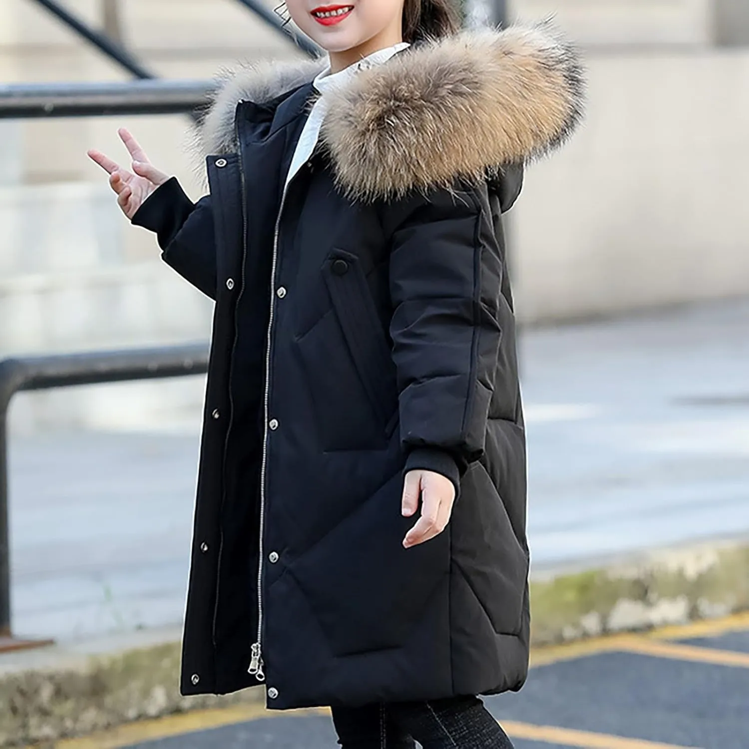 Kids Winter Coat Boys Girls Warm Down Puffer Jacket with Furry Hood Parka Padded Jacket Windproof Outerwear