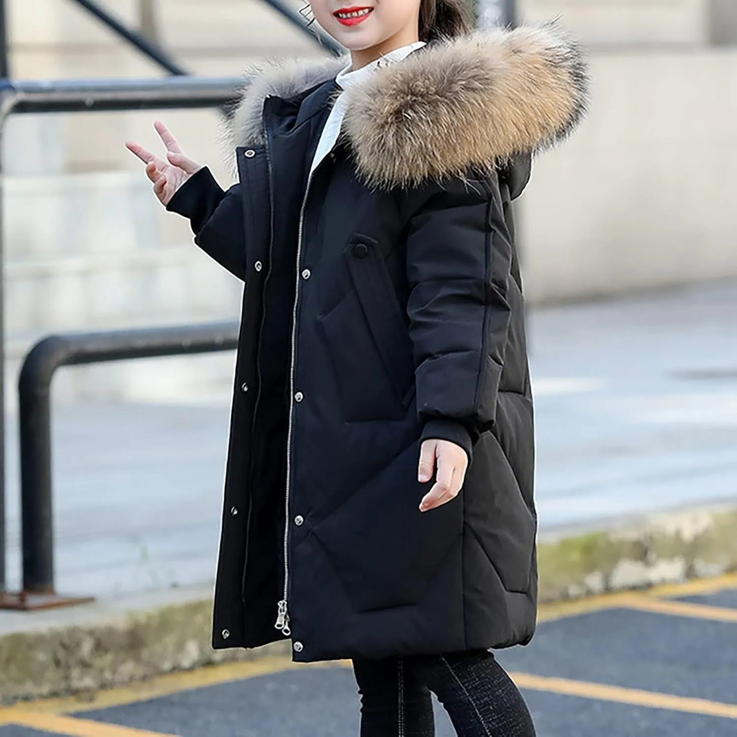Kids Winter Coat Boys Girls Warm Down Puffer Jacket with Furry Hood Parka Padded Jacket Windproof Outerwear