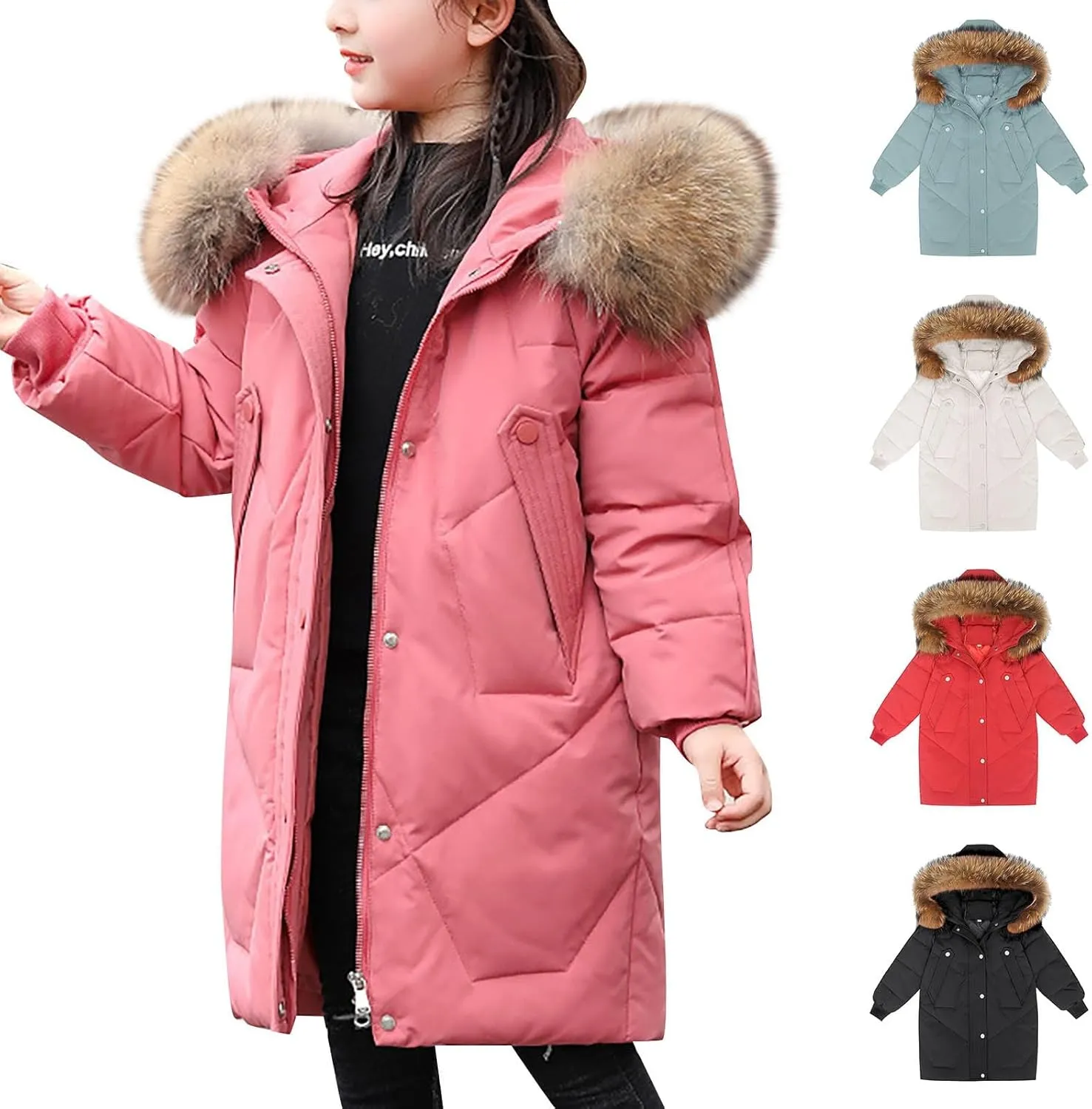 Kids Winter Coat Boys Girls Warm Down Puffer Jacket with Furry Hood Parka Padded Jacket Windproof Outerwear