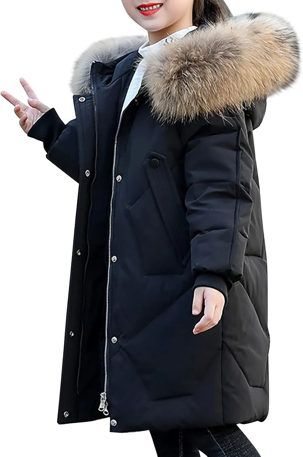 Kids Winter Coat Boys Girls Warm Down Puffer Jacket with Furry Hood Parka Padded Jacket Windproof Outerwear