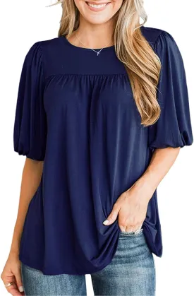 LEIYEE Womens Summer Tunic Tops Puff Short Sleeve Casual Cute Round Neck Loose Fit Flowy Swing Pleated T Shirts Blouse