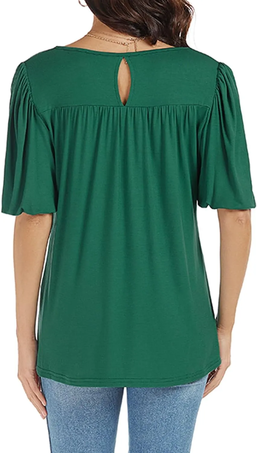 LEIYEE Womens Summer Tunic Tops Puff Short Sleeve Casual Cute Round Neck Loose Fit Flowy Swing Pleated T Shirts Blouse