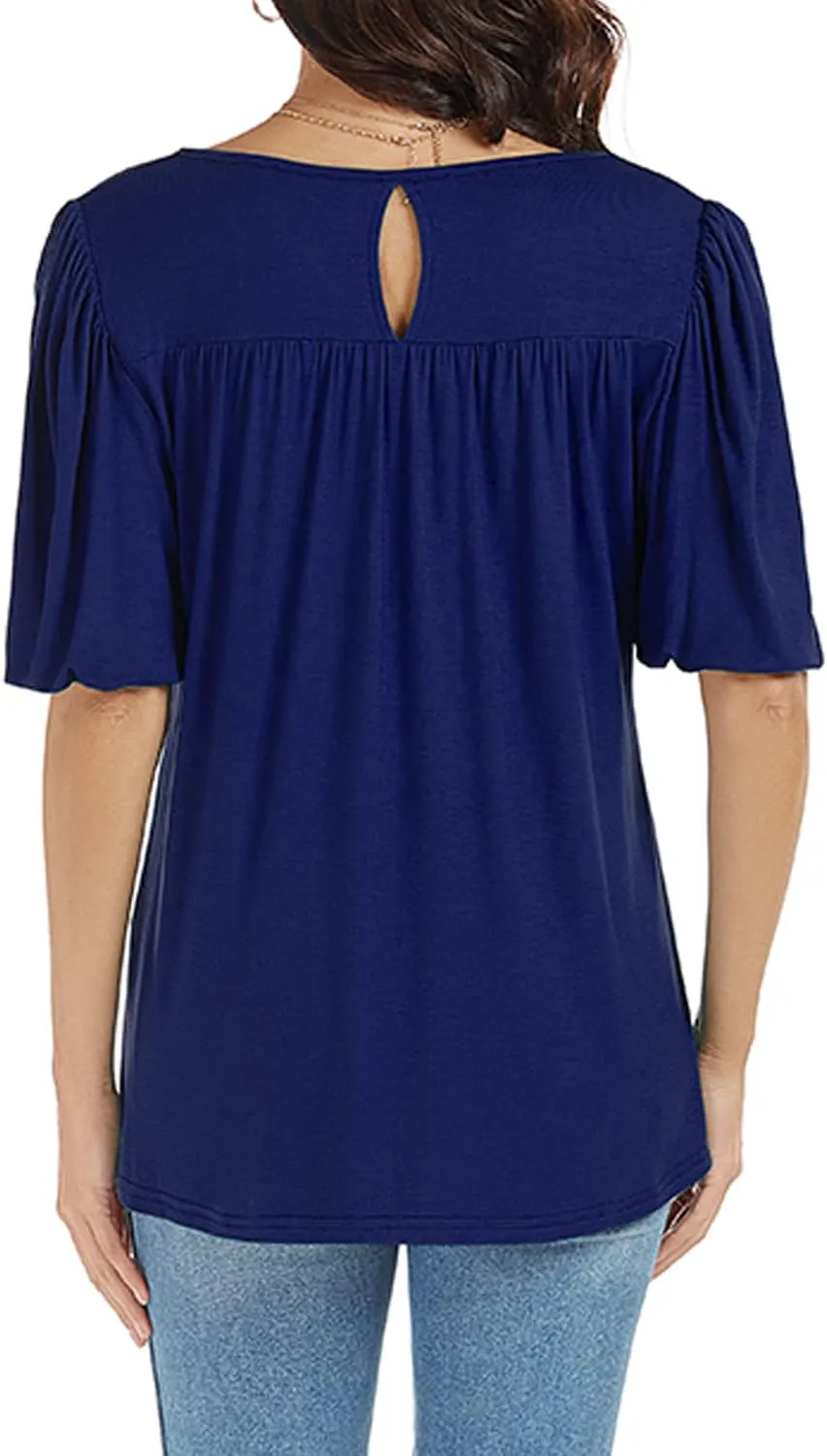 LEIYEE Womens Summer Tunic Tops Puff Short Sleeve Casual Cute Round Neck Loose Fit Flowy Swing Pleated T Shirts Blouse