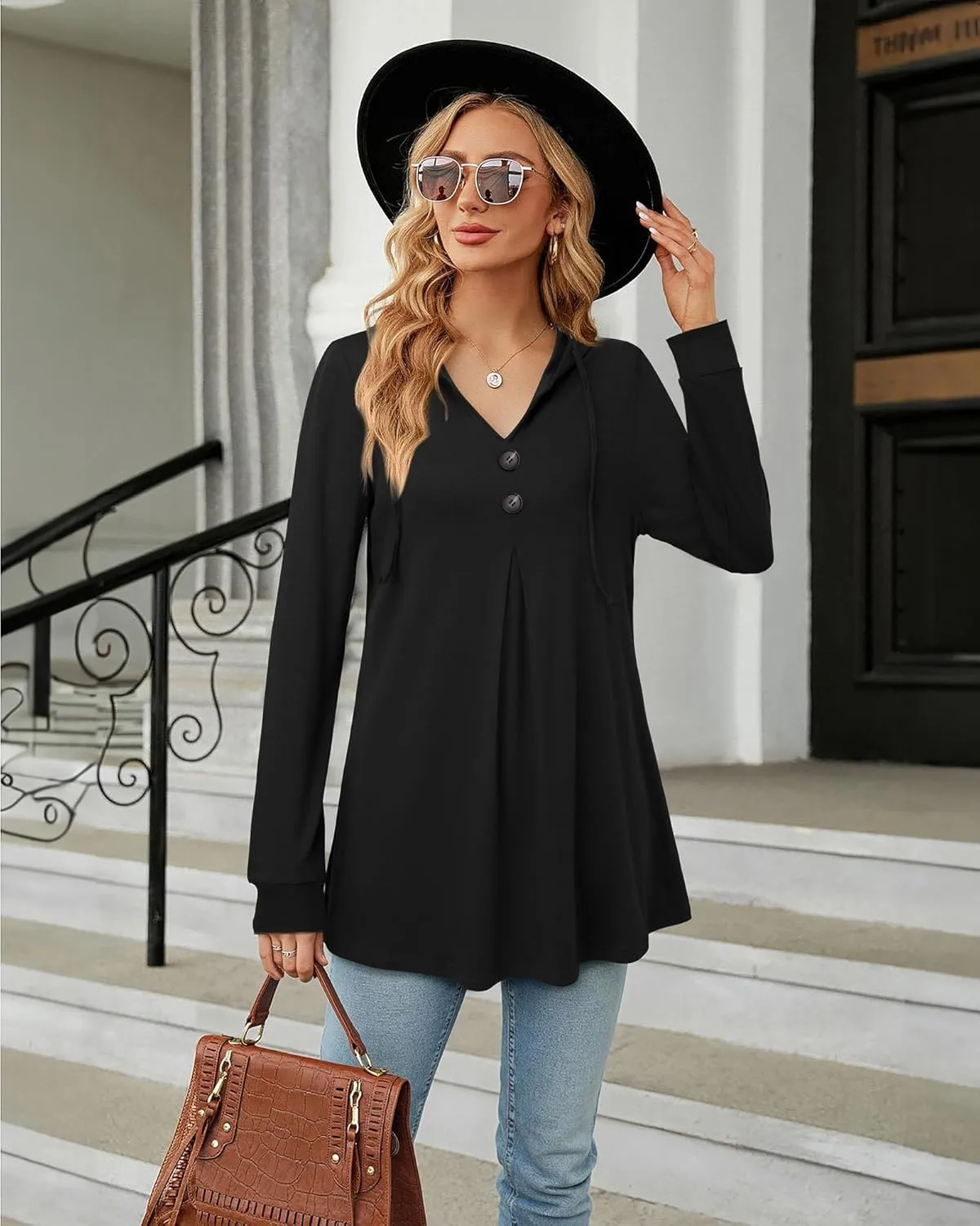 Lotusmile Women's Long Sleeve Hooded Tunic Tops Button Swing Pullover Hoodie Sweatshirts