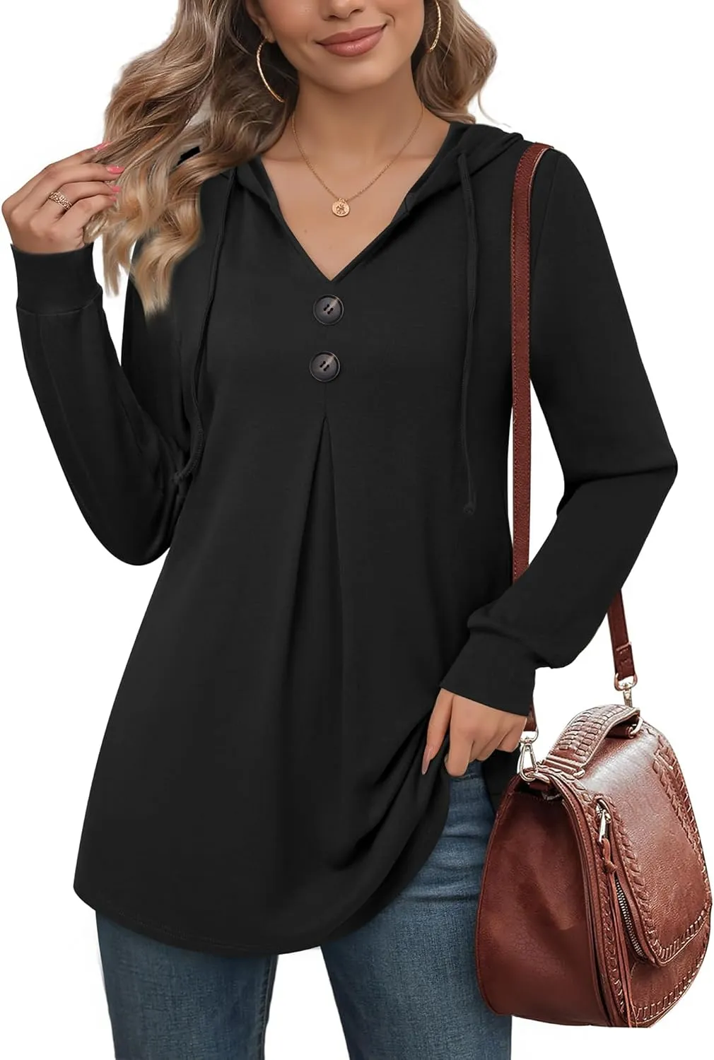 Lotusmile Women's Long Sleeve Hooded Tunic Tops Button Swing Pullover Hoodie Sweatshirts
