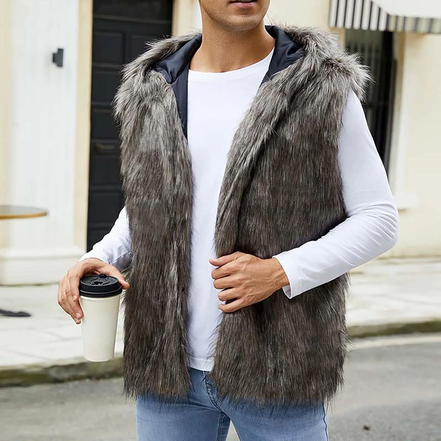 Mens Faux Fur Vest Open Front Sleeveless Hooded Cardigan Fluffy Plush Winter Fashion Faux Fur Hoodie Jackets