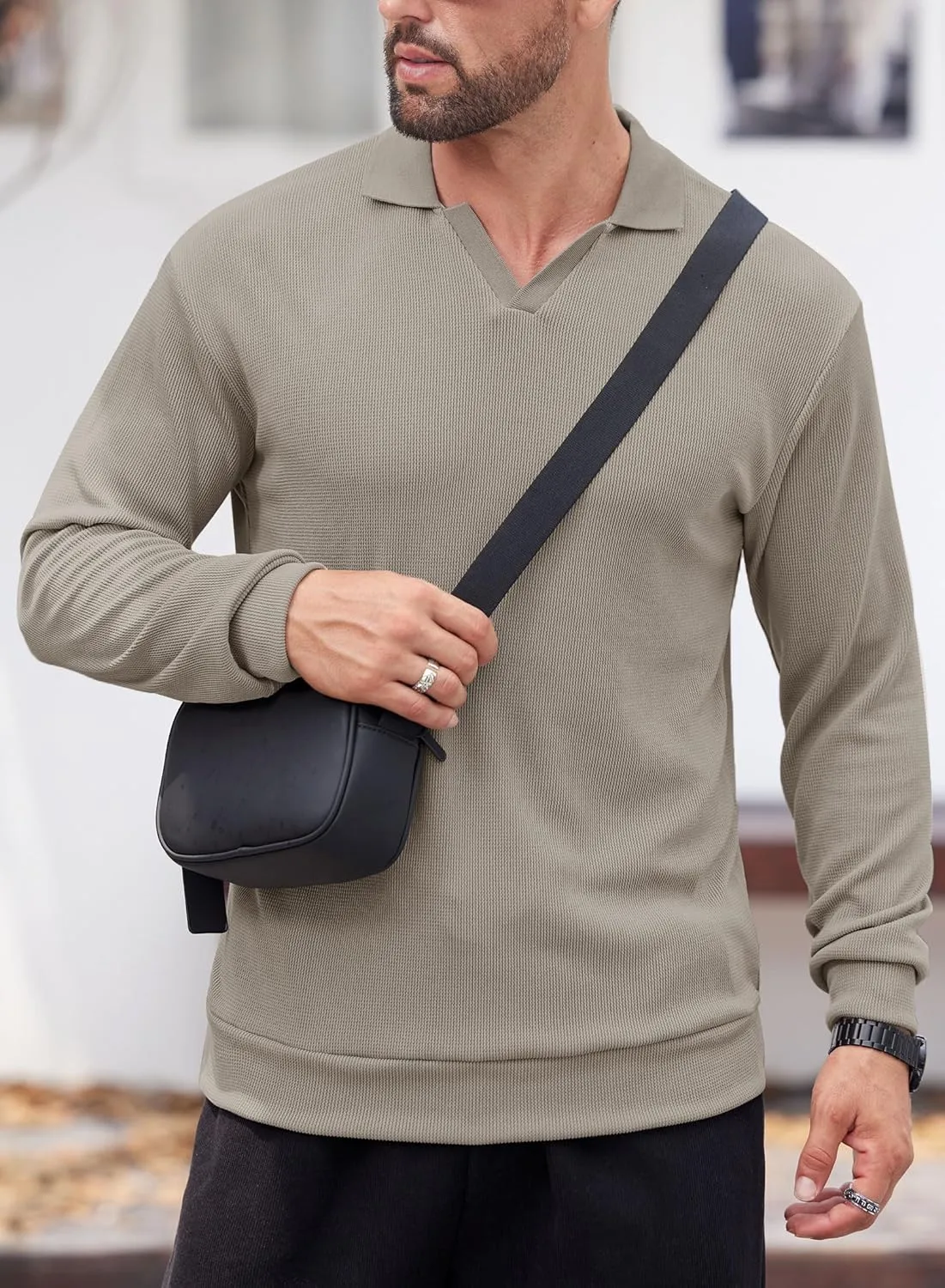 Mens Polo Shirts Long Sleeve V Neck Golf Shirt Casual Solid Color Classic Pullover (S-XXL)