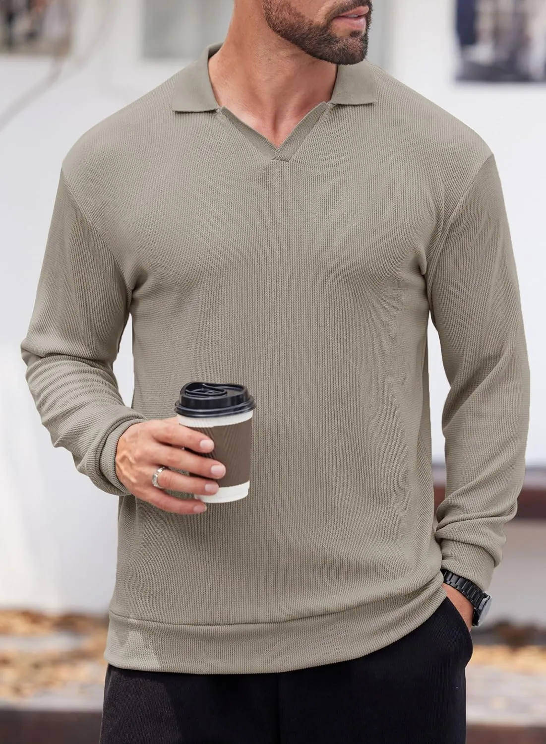 Mens Polo Shirts Long Sleeve V Neck Golf Shirt Casual Solid Color Classic Pullover (S-XXL)