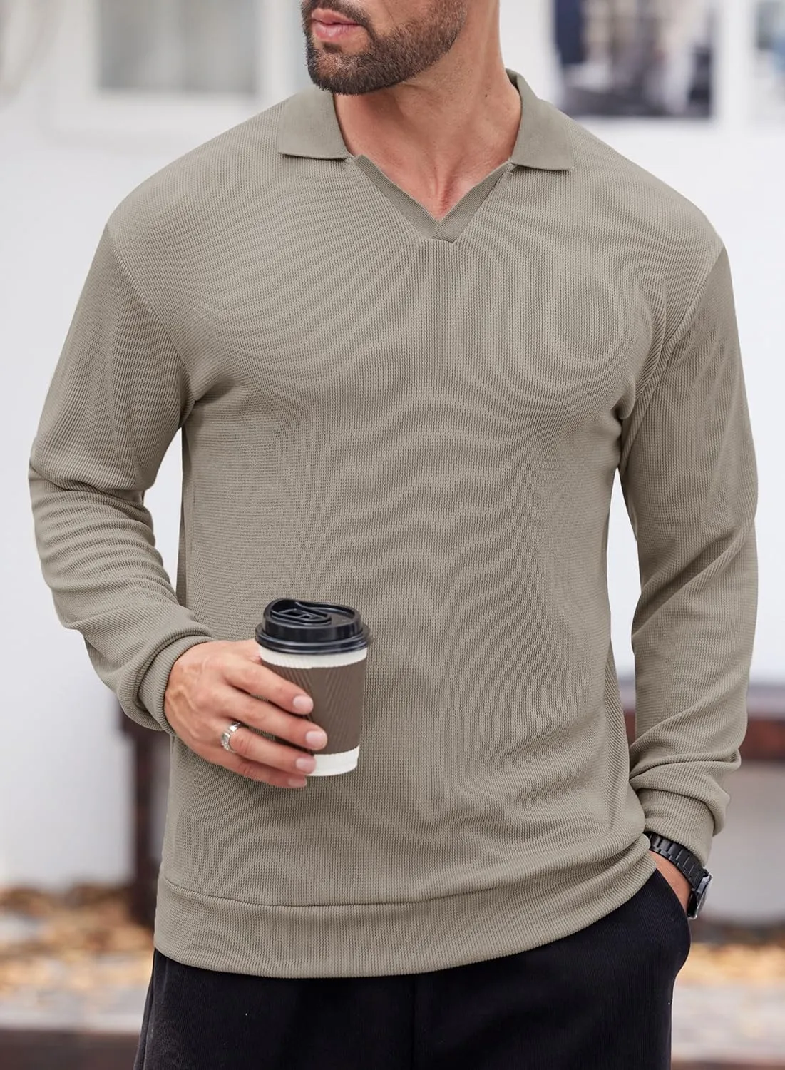 Mens Polo Shirts Long Sleeve V Neck Golf Shirt Casual Solid Color Classic Pullover (S-XXL)
