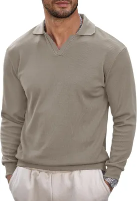 Mens Polo Shirts Long Sleeve V Neck Golf Shirt Casual Solid Color Classic Pullover (S-XXL)